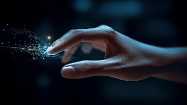 Digital transformation idea Generative AI and a human hand contacting a digital hand