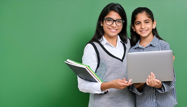 Digital Transformation Indian Female Teacher with student using Laptop