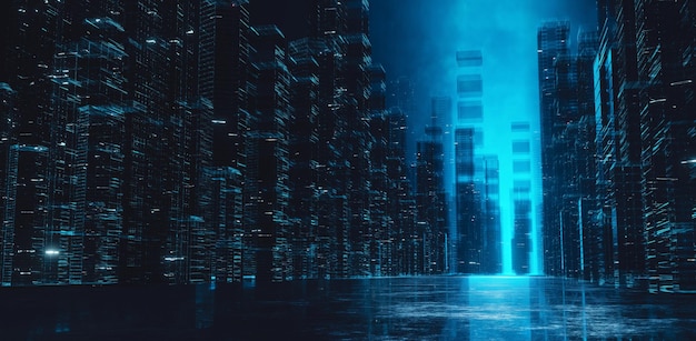 Digital virtual metaverse city. Hologram style building towers