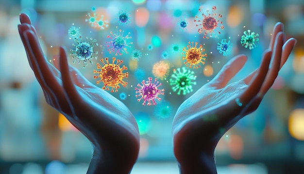 Photo digital virus particles floating above hands in a scientific laboratory setting