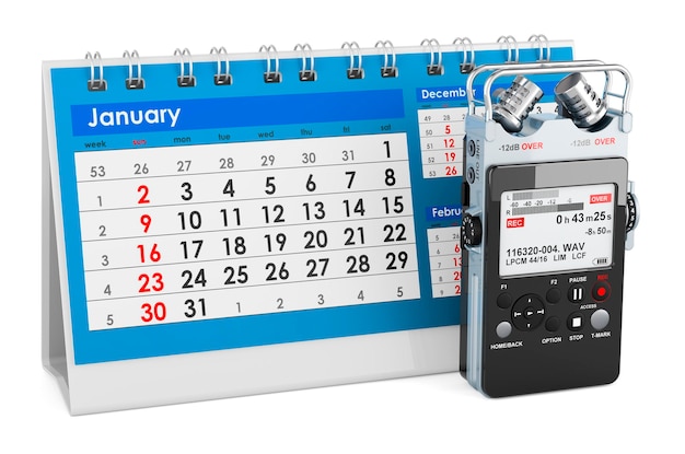 Digital voice recorder with desk calendar 3D rendering