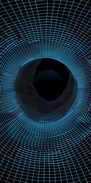 Photo digital vortex with blue gridlines and planetary core