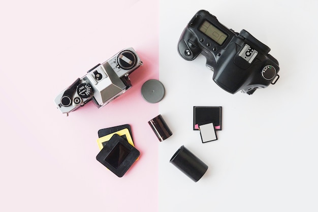 Digital vs. Analog SLR Camera with Slides, Memory Cards, 35 mm Film