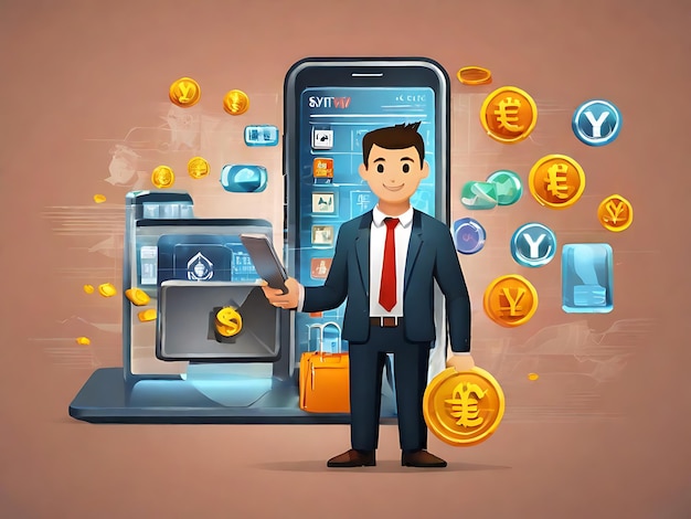 Digital wallet iconBusinessman shopping online with digital currency wallet Mobile banking online finance ecommerce Dollar euro yen yuan and pound icons