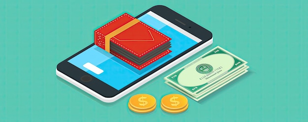 Digital wallet phone with wallet icon flat design illustration