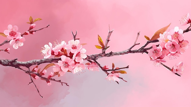 A digital watercolor illustration paper branch with pink background Generative AI