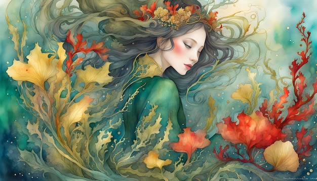 Digital watercolor illustration with a crimson girl seaweed and underwater flowers