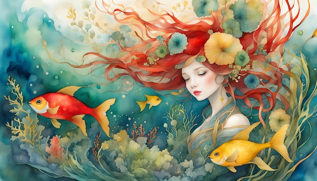 Digital watercolor illustration with a crimson girl seaweed and underwater flowers