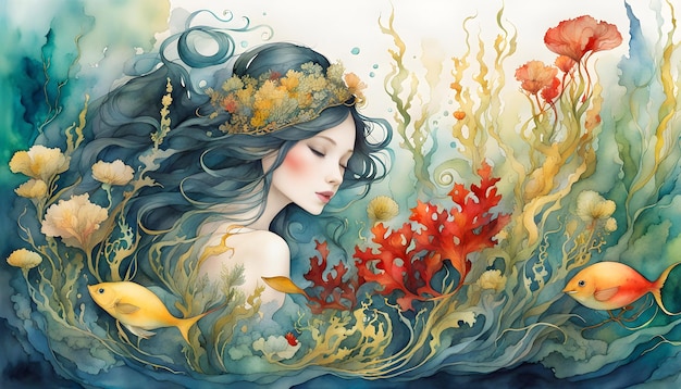 Digital watercolor illustration with a crimson girl seaweed and underwater flowers