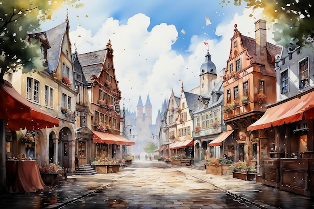 Digital watercolor painting of medieval street in old town of Strasbourg France