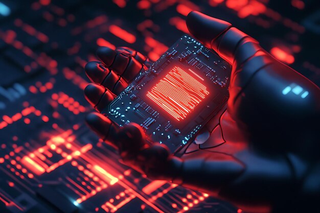 Photo a digital wireframe hand holding a glowing ai processor symbolizing the integration of advanced artificial intelligence technology and human innovation in a futuristic world