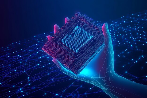 A digital wireframe hand holding a glowing AI processor symbolizing the integration of advanced artificial intelligence technology and human innovation in a futuristic world