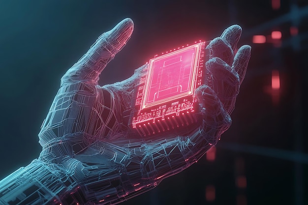 Photo a digital wireframe hand holding a glowing ai processor symbolizing the integration of advanced artificial intelligence technology and human innovation in a futuristic world