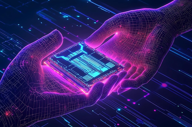 A digital wireframe hand holding a glowing AI processor symbolizing the integration of advanced artificial intelligence technology and human innovation in a futuristic world