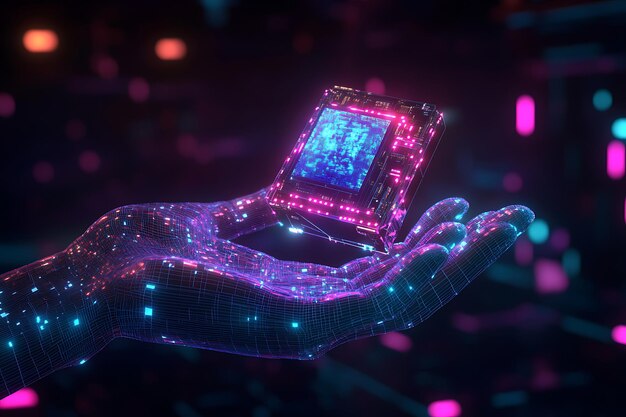 Photo a digital wireframe hand holding a glowing ai processor symbolizing the integration of advanced artificial intelligence technology and human innovation in a futuristic world