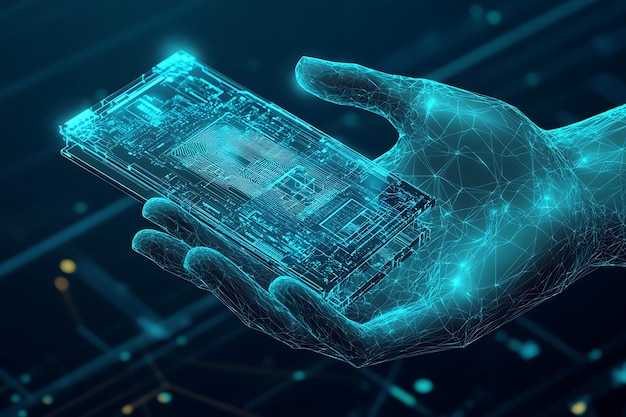 A digital wireframe hand holding a glowing AI processor symbolizing the integration of advanced artificial intelligence technology and human innovation in a futuristic world