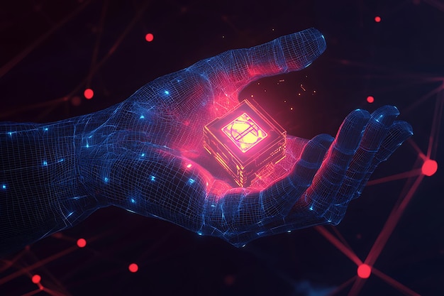 A digital wireframe hand holding a glowing AI processor symbolizing the integration of advanced artificial intelligence technology and human innovation in a futuristic world