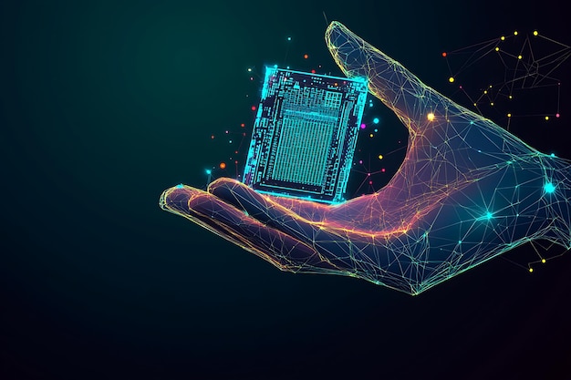 A digital wireframe hand holding a glowing AI processor symbolizing the integration of advanced artificial intelligence technology and human innovation in a futuristic world