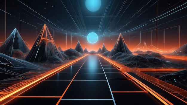 Photo digital wireframe landscape with geometric structures and neon grids ideal for sci fi concept art