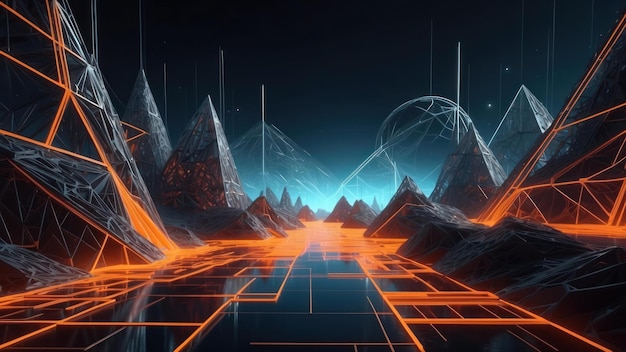 Digital wireframe landscape with geometric structures and neon grids ideal for sci fi concept art