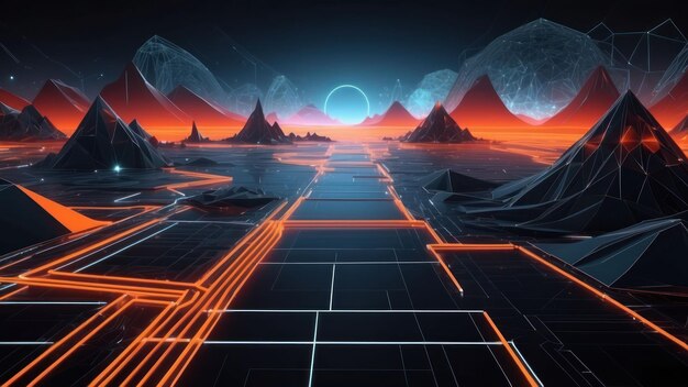 Digital wireframe landscape with geometric structures and neon grids ideal for sci fi concept art