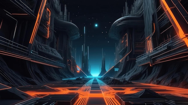 Digital wireframe landscape with geometric structures and neon grids ideal for sci fi concept art