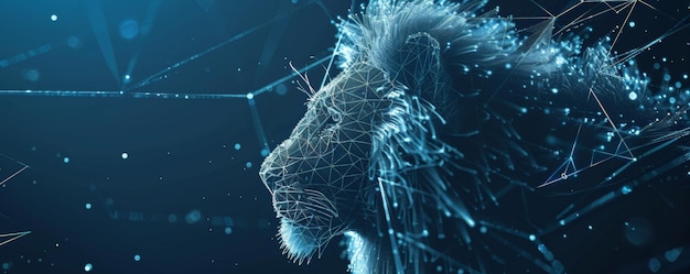 A digital wireframe of a majestic lion with polygonal shapes and connecting lines and points