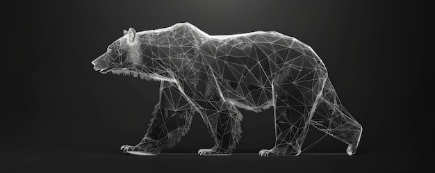 A digital wireframe of a powerful bear composed of polygonal shapes and connecting lines and points