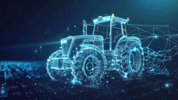 Photo digital wireframe representation of a tractor on a field