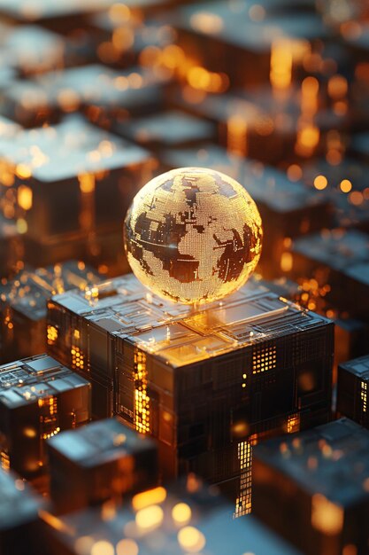 Photo digital world globe with glowing continents standing on a glowing cube surrounded by other glowing cubes