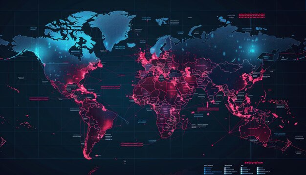 Photo digital world map with data points highlighting global activity