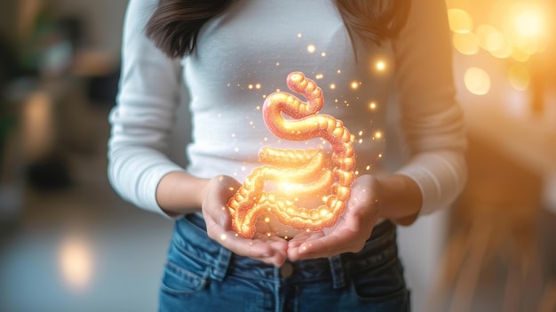 Digital x ray of human intestine holographic scan projection on blurred background