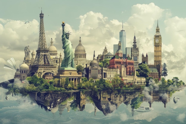 Photo a digitally created landscape merging iconic landmarks from around the world floating on water with a reflection a digital landscape merging iconic landmarks from different continents