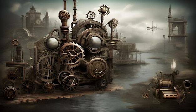 A digitally created landscape with elements of steampunk design including gears and machinery