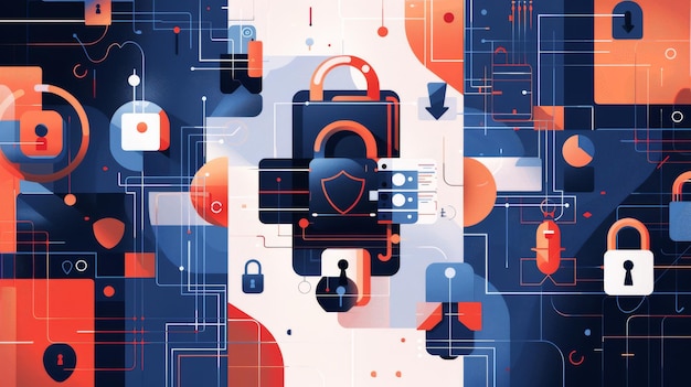 Photo a digitally created scene of various locks keys and security symbols representing cybersecurity concepts through a modern geometric design with vibrant colors