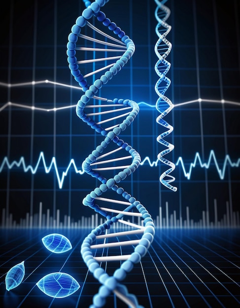 Digitally generated blue DNA strand with ECG line 3d