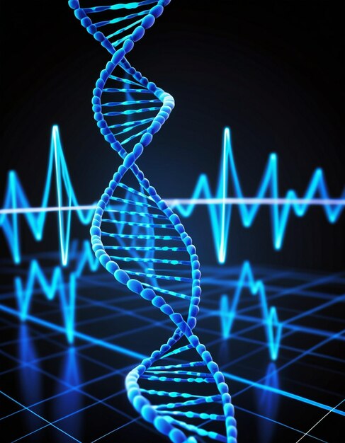 Photo digitally generated blue dna strand with ecg line 3d