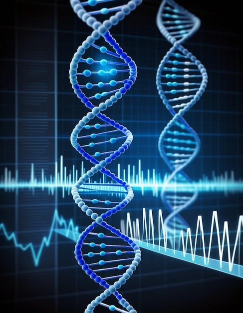 Photo digitally generated blue dna strand with ecg line 3d