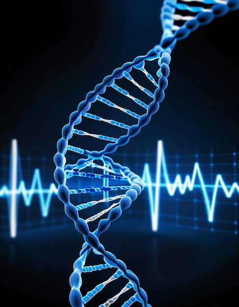 Digitally generated blue DNA strand with ECG line 3d