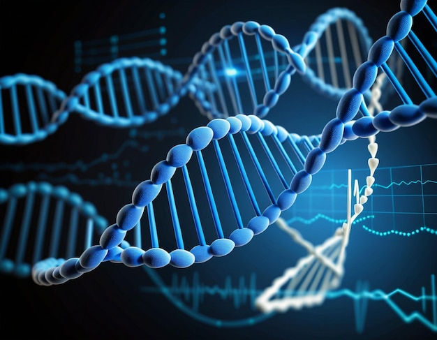 Photo digitally generated blue dna strand with ecg line 3d