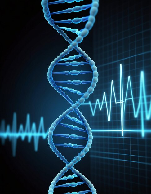 Digitally generated blue DNA strand with ECG line 3d