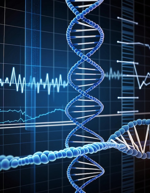 Photo digitally generated blue dna strand with ecg line 3d