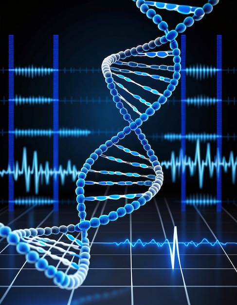 Photo digitally generated blue dna strand with ecg line 3d