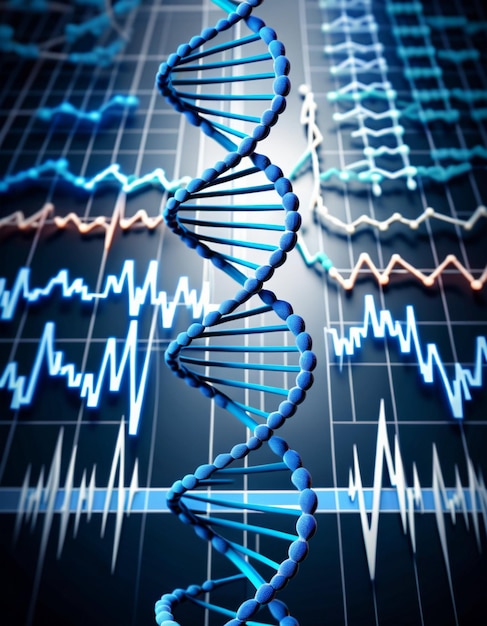 Photo digitally generated blue dna strand with ecg line 3d