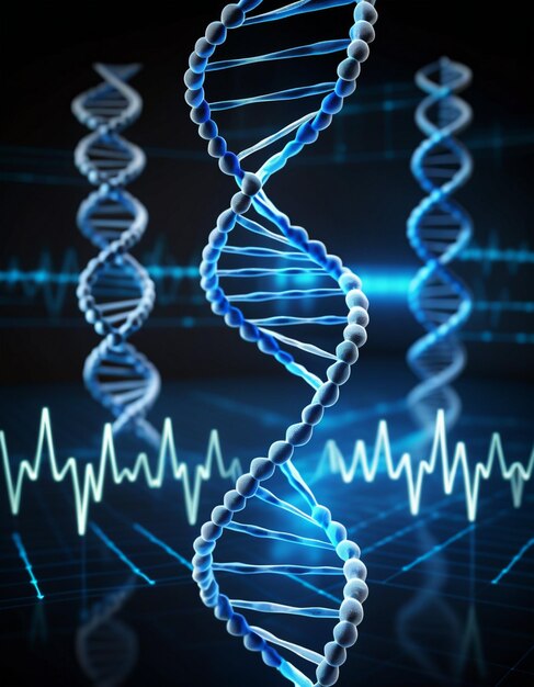 Digitally generated blue DNA strand with ECG line 3d