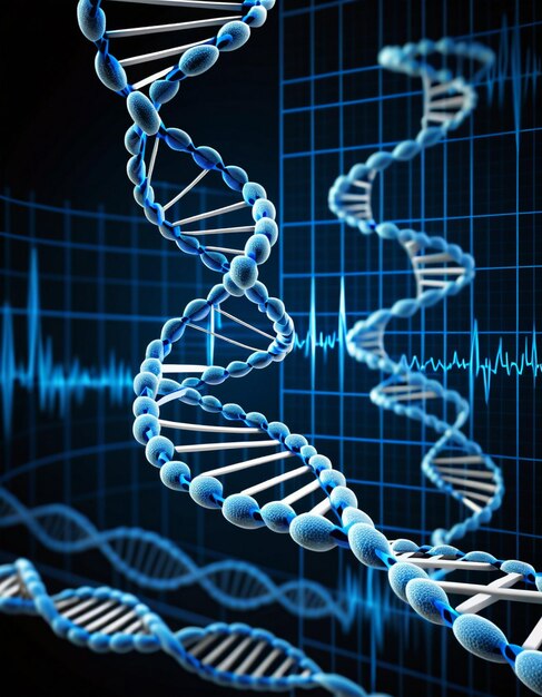 Photo digitally generated blue dna strand with ecg line 3d