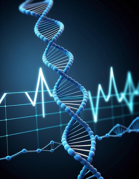 Digitally generated blue DNA strand with ECG line 3d