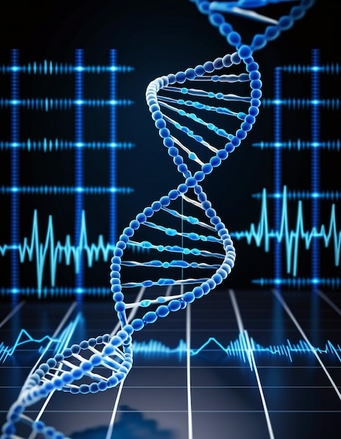 Photo digitally generated blue dna strand with ecg line 3d