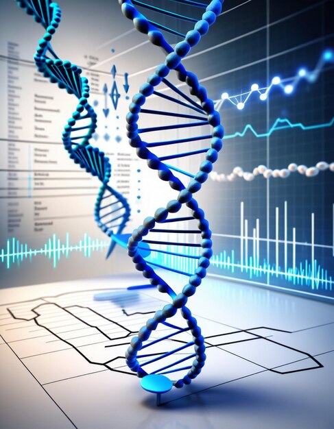 Photo digitally generated blue dna strand with ecg line 3d