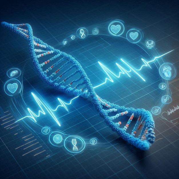 Photo digitally generated blue dna strand with ecg line 3d